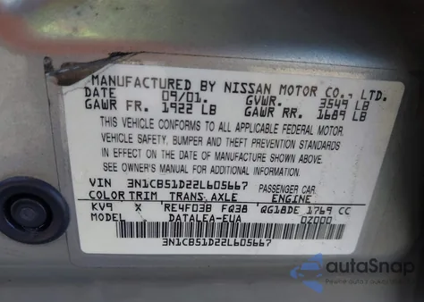 2002 Nissan Sentra Gxe из США, поврежденный, VIN 3N1CB51D22L605667